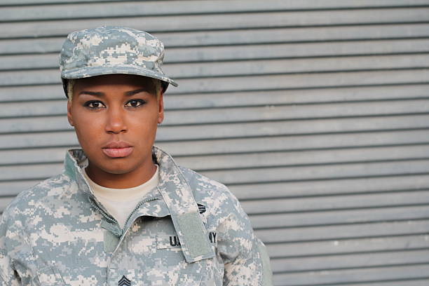 istock Serious Proud Black Female Soldier 636335814