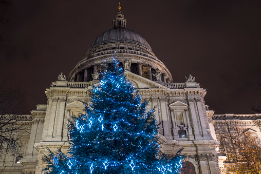 A view of a festive Christmas tree at St. Pauls Cathedral in London, UK.