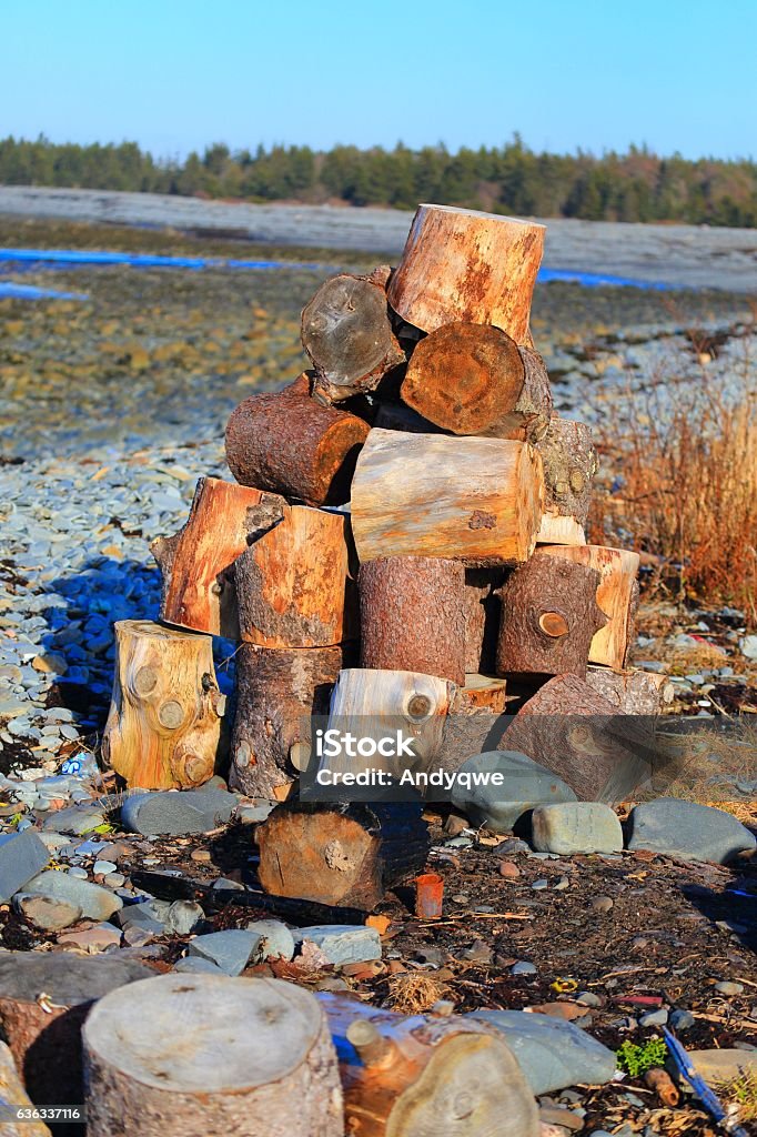 Firewood by the ocean ready for a bon fire Pile of firewood by the ocean ready for a bon fire Beach Stock Photo