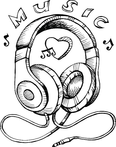 illustrations, cliparts, dessins animés et icônes de illustration vectorielle d’esquisse au casque avec notes de musique - listening music illustration and painting hand drawn