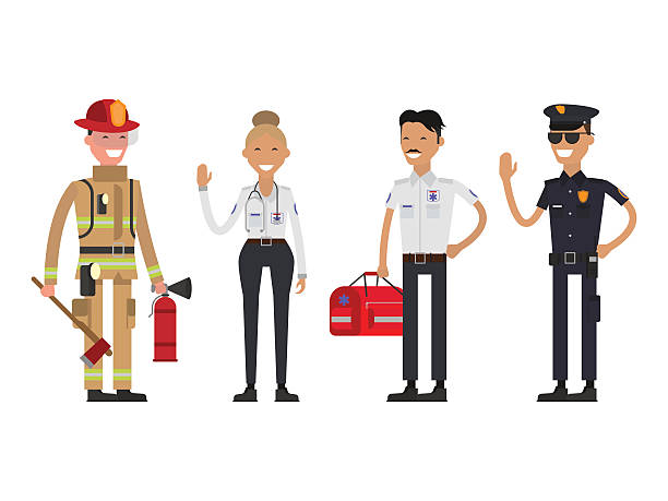 Firefighter, policeman and paramedic Firefighter, policeman and paramedic. Emergency service. Flat emergency first response stock illustrations