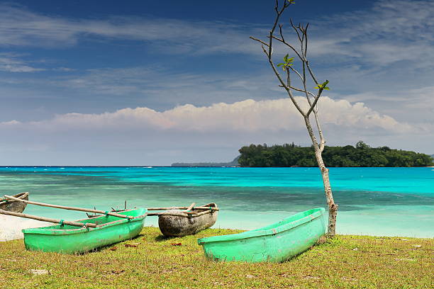 botes de remos dugout varados-port olry playa. isla espíritu santo-vanuatu. 7153 - backwash fotografías e imágenes de stock