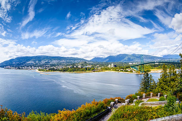 Vancouver skyline panorama taken at Prospect Point, Stanley Park, showing Lions Gate Bridge on right and West Vancouver on the left. Prospect Point is located on the south side of the First Narrows of Burrard Inlet