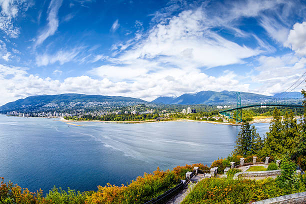 Vanouver Skyline at Prospect Point in Stanley Park, Canada Vancouver skyline panorama taken at Prospect Point, Stanley Park, showing Lions Gate Bridge on right and West Vancouver on the left. Prospect Point is located on the south side of the First Narrows of Burrard Inlet west vancouver stock pictures, royalty-free photos & images