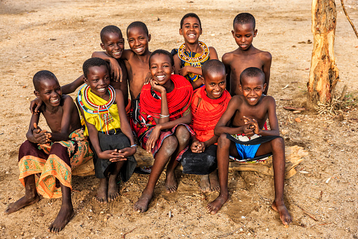 Group of happy African children from Samburu tribe, Kenya, Africa. Samburu tribe is north-central Kenya, and they are related to  the Maasai.