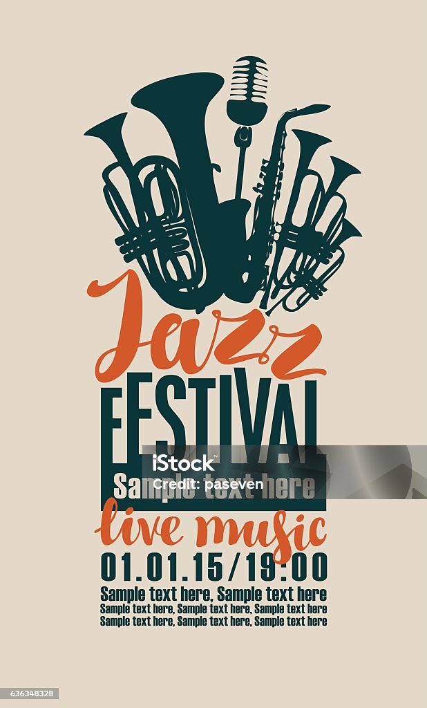 poster for the jazz festival poster for the jazz festival with saxophone, wind instruments and a microphone Jazz Music stock vector