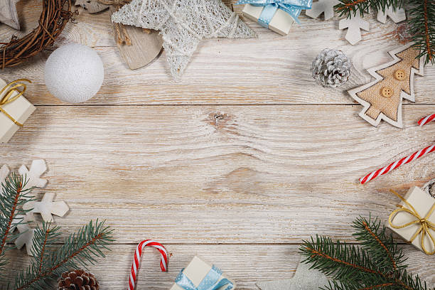 istock Top view on wooden table with christmas ornaments. 636348618