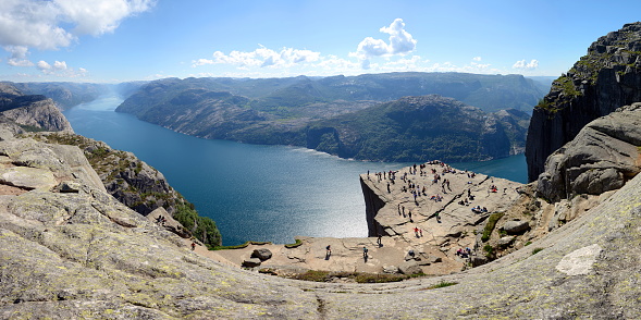 Stunning view of the Preikestolen or Prekestolen (Preacher's Pulpit or Pulpit Rock) above the Lysefjord, in Forsand municipality; Rogaland county, nature and travel background, Norway