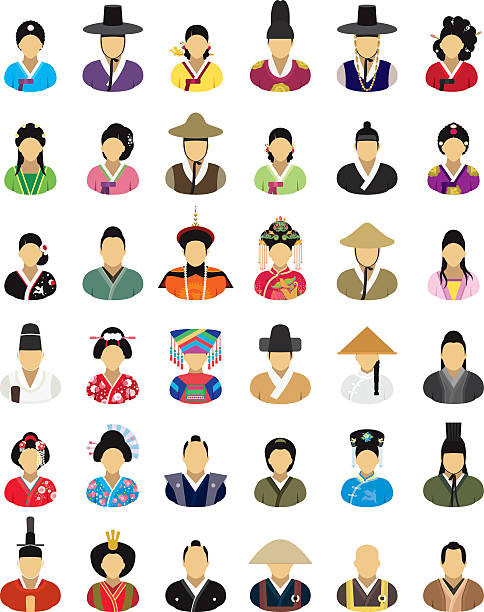 Vector characters (East Asia, traditional clothes) - icon set Set of thirty-six people icons. emperor stock illustrations