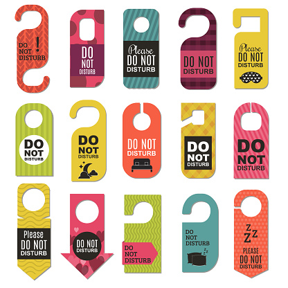Please do not disturb hotel design. Motel service room privacy concept. Vector card hang message vacation hanger. Door quiet busy instructions graphic.