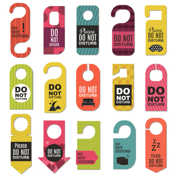 Please do not disturb hotel design Please do not disturb hotel design. Motel service room privacy concept. Vector card hang message vacation hanger. Door quiet busy instructions graphic. private room stock illustrations
