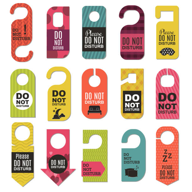 Please do not disturb hotel design Please do not disturb hotel design. Motel service room privacy concept. Vector card hang message vacation hanger. Door quiet busy instructions graphic. vehicle door stock illustrations