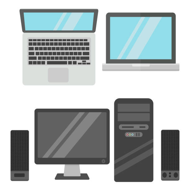 Computer office equipment vector Group computer office equipment. Digital business telecommunication workplace. Mobile internet information device. Multimedia technology tool vector illustration. tower illustrations stock illustrations