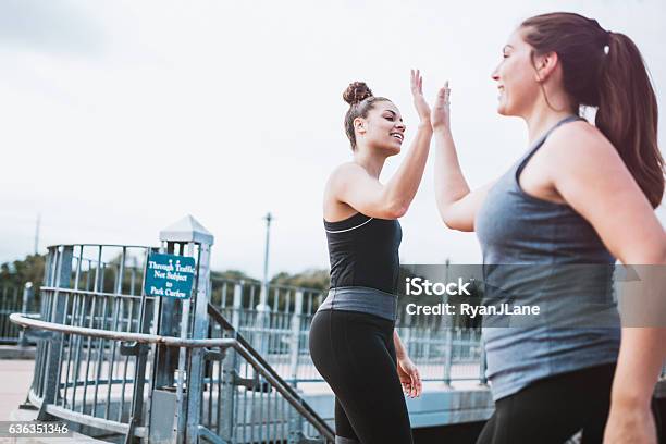 Athletic Women High Five After Run Stock Photo - Download Image Now - Exercising, High-Five, Celebration