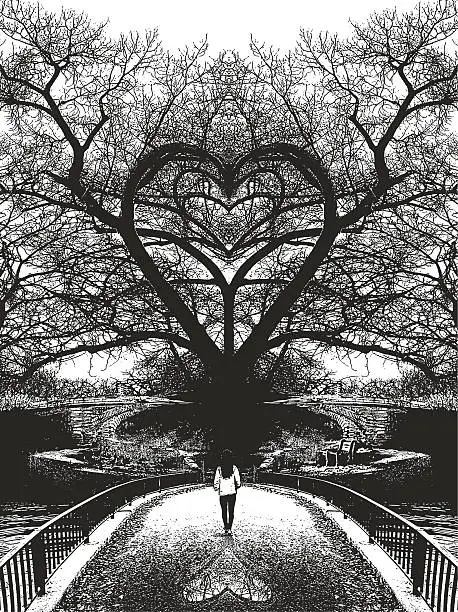 Vector illustration of Woman walking toward heart shaped tree and romance