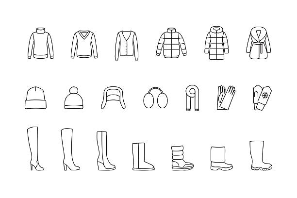 ilustrações de stock, clip art, desenhos animados e ícones de winter clothes, shoes line icons set. vector - sweater cardigan isolated white background