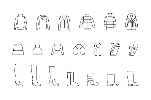 Winter clothes and shoes line icons set. Vector