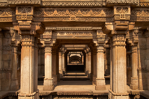 Ornately carved stonework of the Adalaj Stepwell on the outskirts of Ahmadabad, Gujarat, India. Built circa 1499.