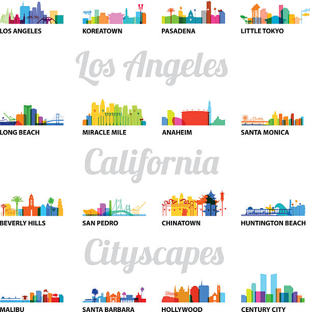 illustrazioni stock, clip art, cartoni animati e icone di tendenza di serie di paesaggi urbani correlati a los angeles - city of los angeles illustrations