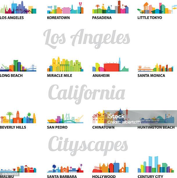 Series Of Los Angeles Related Cityscapes Stock Illustration - Download Image Now - Los Angeles County, California, City Of Los Angeles