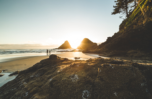 Sunset Between 2 Rocks Beautiful Sunset Between Two Sea Rock Stacks Stock Photo - Download ...