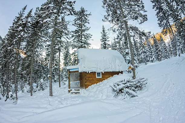 istock Cabin house chalets in winter forest with snow 636365188