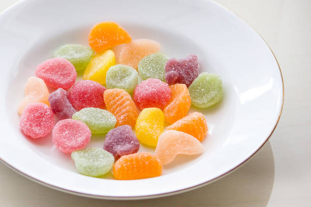 close up a plate full with gummy candy - gum drop copy space sweet food gelatin dessert imagens e fotografias de stock