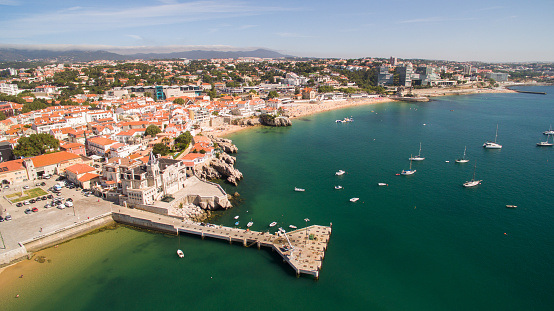Lighthouse and marina of Cascais Portugal aerial view
