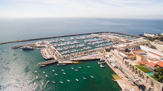 Lighthouse and marina Cascais Portugal aerial