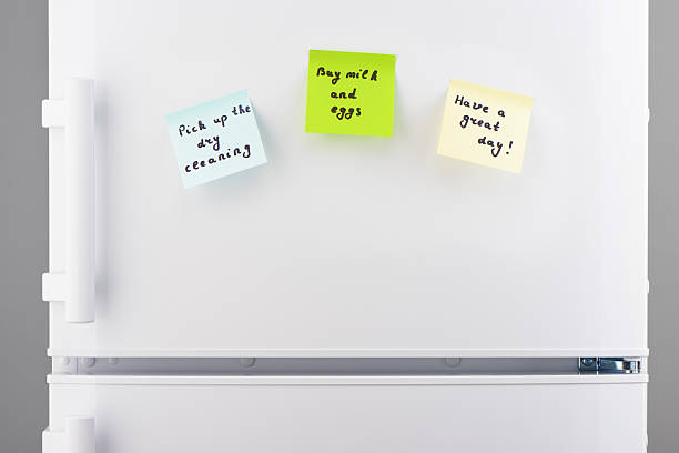 istock Reminder notes on blue, green and yellow paper on refrigerator 636372238