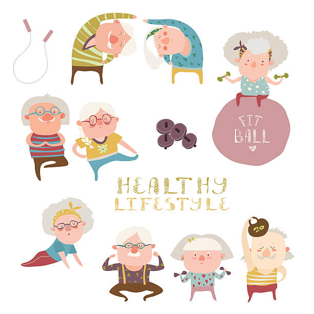 Sey of elderly people doing exercises Vector set of elderly people doing exercises cartoon of the older people exercising gym stock illustrations