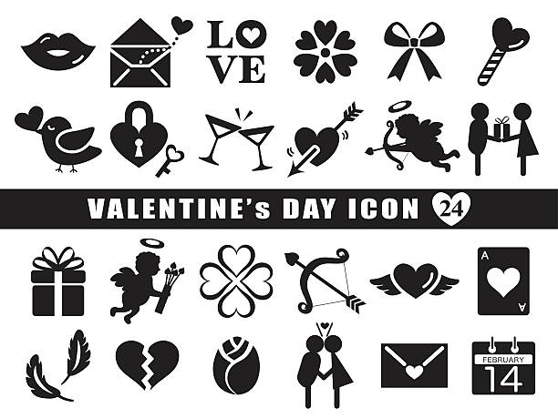 ilustraciones, imágenes clip art, dibujos animados e iconos de stock de conjunto de iconos de san valentín - valentines day silhouette white background bow