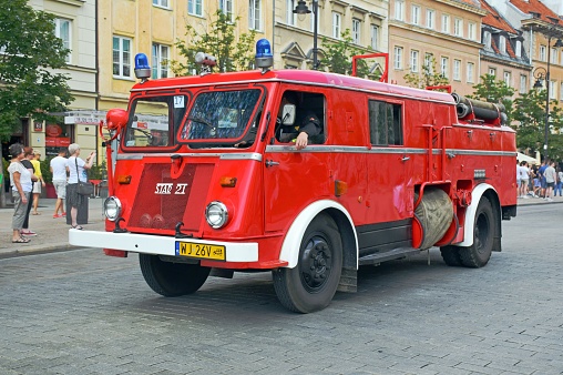 Warsaw, Poland - June 4th, 2016: Star 21 firetruck driving on the street during the firetrucks parade. This vehicle was the one of the most popular firetrucks in Poland in 60s and 70s.