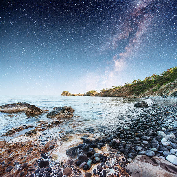 istock Fantastic panoramic view of the rocky beach. Starry sky. Turkey. 636379668