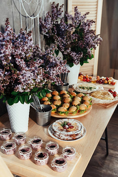 istock Canapes and drinks and desserts on the buffet table. 636380876