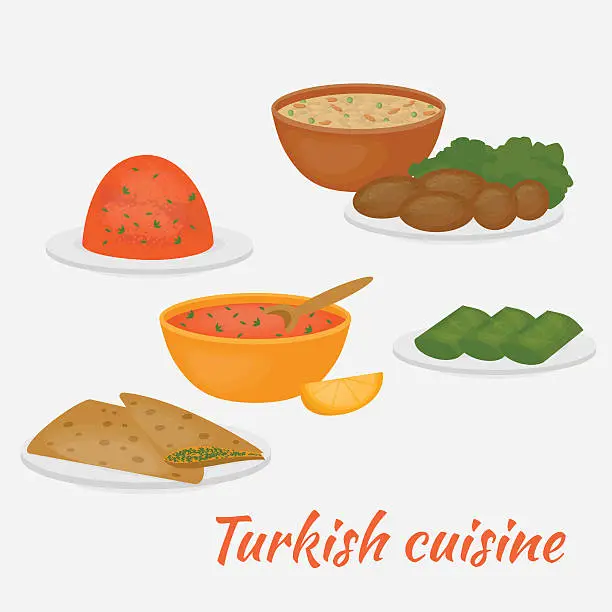 Vector illustration of Common main and side dishes.Traditional food of Turkish cuisine.
