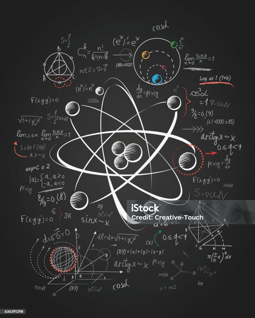 Atomic research, drawing on the board Physics stock vector