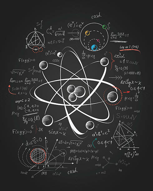 Atomic research, drawing on the board Atomic research, drawing on the board physics stock illustrations