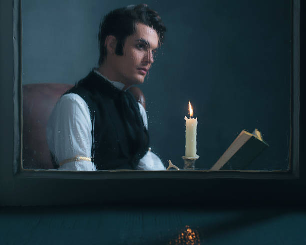 istock Candlelight behind rainy window with retro victorian man reading book. 636399916