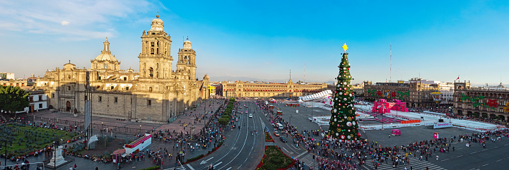 Mexico City, Mexico - December 3, 2016: Metropolitan Cathedral and Christmas Tree Decorations in Zocalo, Mexico City, Mexico