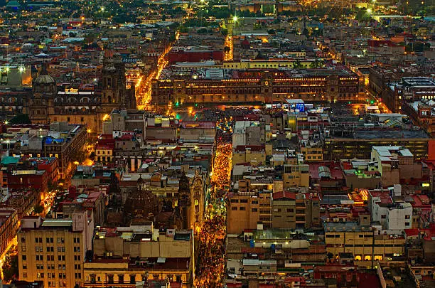 Beautiful top view of Zocalo at night, Mexico-city, Mexico
