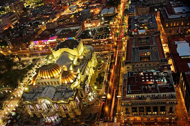 Beautiful top view of Zocalo at night, Mexico-city, Mexico