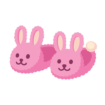 Pair of fuzzy bunny home slippers. Cute pink rabbit shoes cartoon vector illustration.