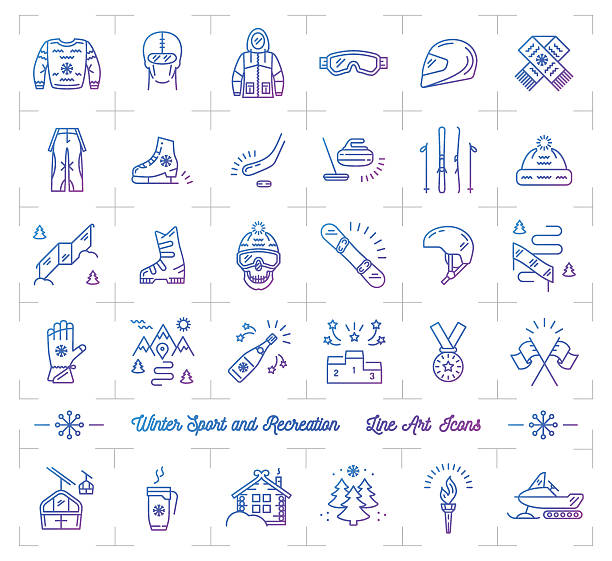 겨울 스포츠 그라데이션 개요 아이콘, 계절 레크리에이션, 플랫 인포그래픽 로고 - snow ski track color image colors stock illustrations