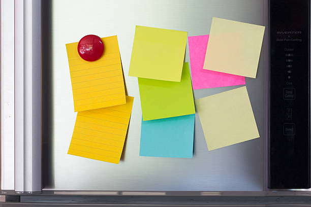 istock Abstract of Blank paper and post-it on refrigerator door. 636407210