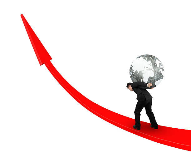 istock Man carrying globe upward on red trend line 636408452
