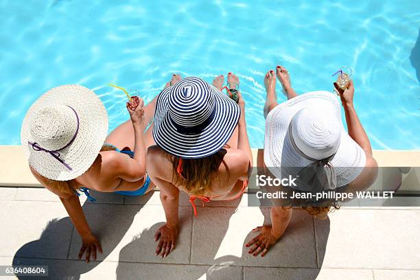 Young Woman Sun Hat Sitting Poolside Resort Pool Summer Holiday Stock Photo - Download Image Now