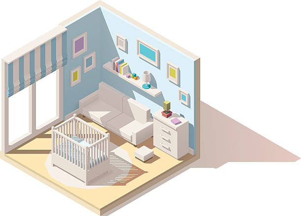 Vector isometric low poly baby room icon Vector isometric low poly baby room cutaway icon. Room includes baby cradle, cabinet and sofa bedroom drawings stock illustrations