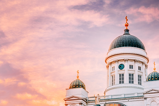 Cathedral In Helsinki, Finland. Summer Sunset Evening
