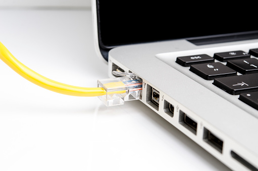 LAN network input with ethernet cables plug on white.